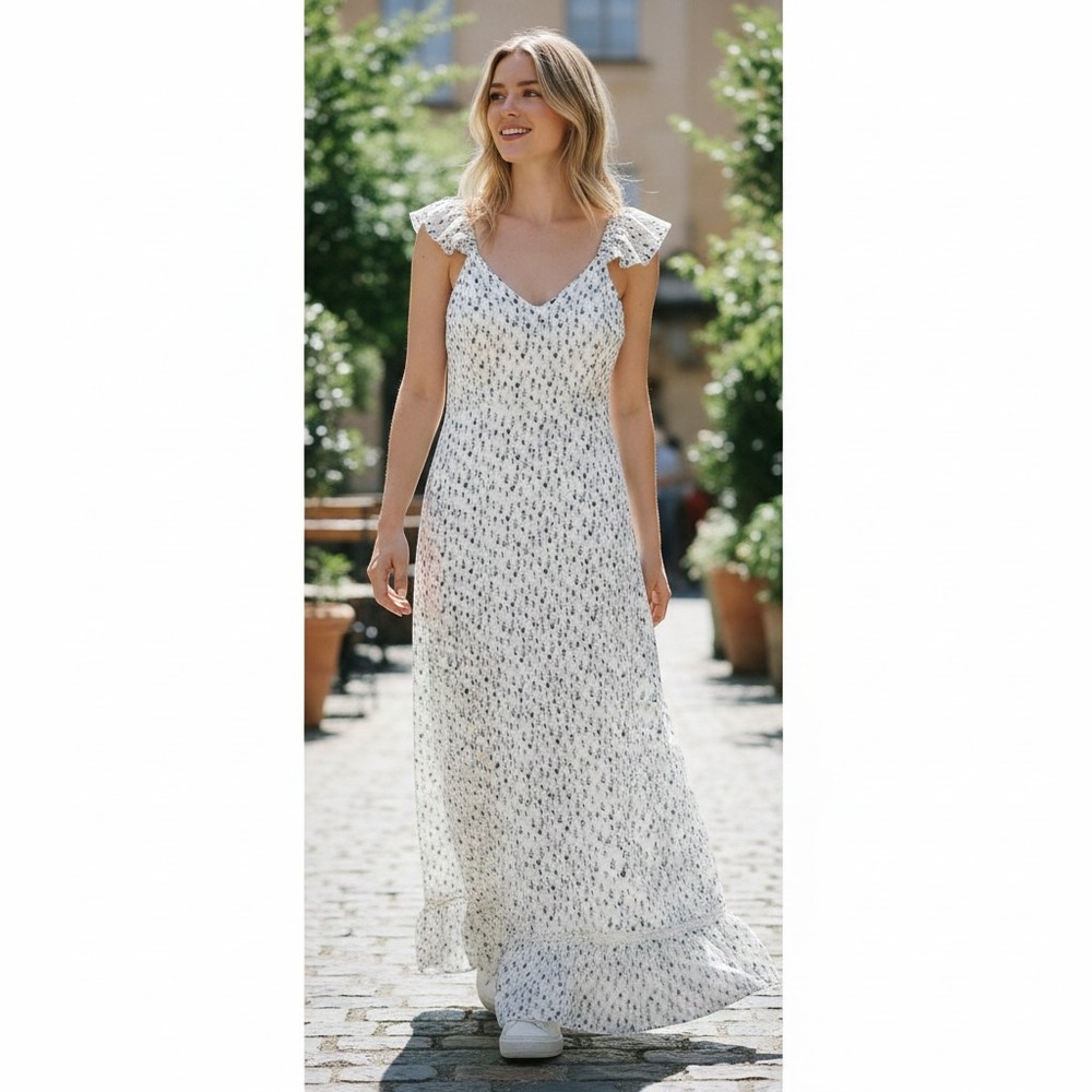 Japna Maxi Dress Womens Small White Blue Abstract Flutter Sleeve Smocked Back